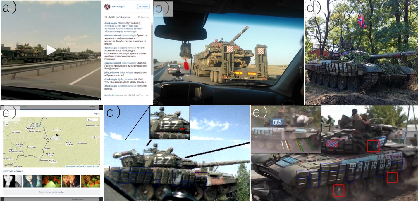 Figure 2. Sightings of tank number 127 / 005 in Russia and Ukraine during the summer of 2014. a), c) in a truck convoy 30 July 2014 close to Kamensk-Shakhtinsky . b) Another convoy carrying tank 127, photo uploaded on 21 August 2014 and taken in the area of Rostov-on-Don . d) A photo of tank 127 in Novoazovs’k taken by journalist Petr Shelomovskiy on 31 August 2014 . e) A photo of tank 127 in video CONVOY-2 uploaded 10 September 2014, filmed at 47.126085, 38.084023 .