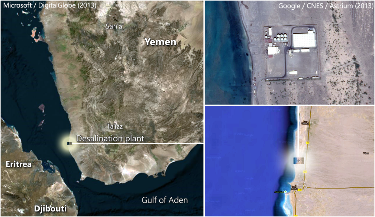 Overview image of the location of the Mocha desalination plant.