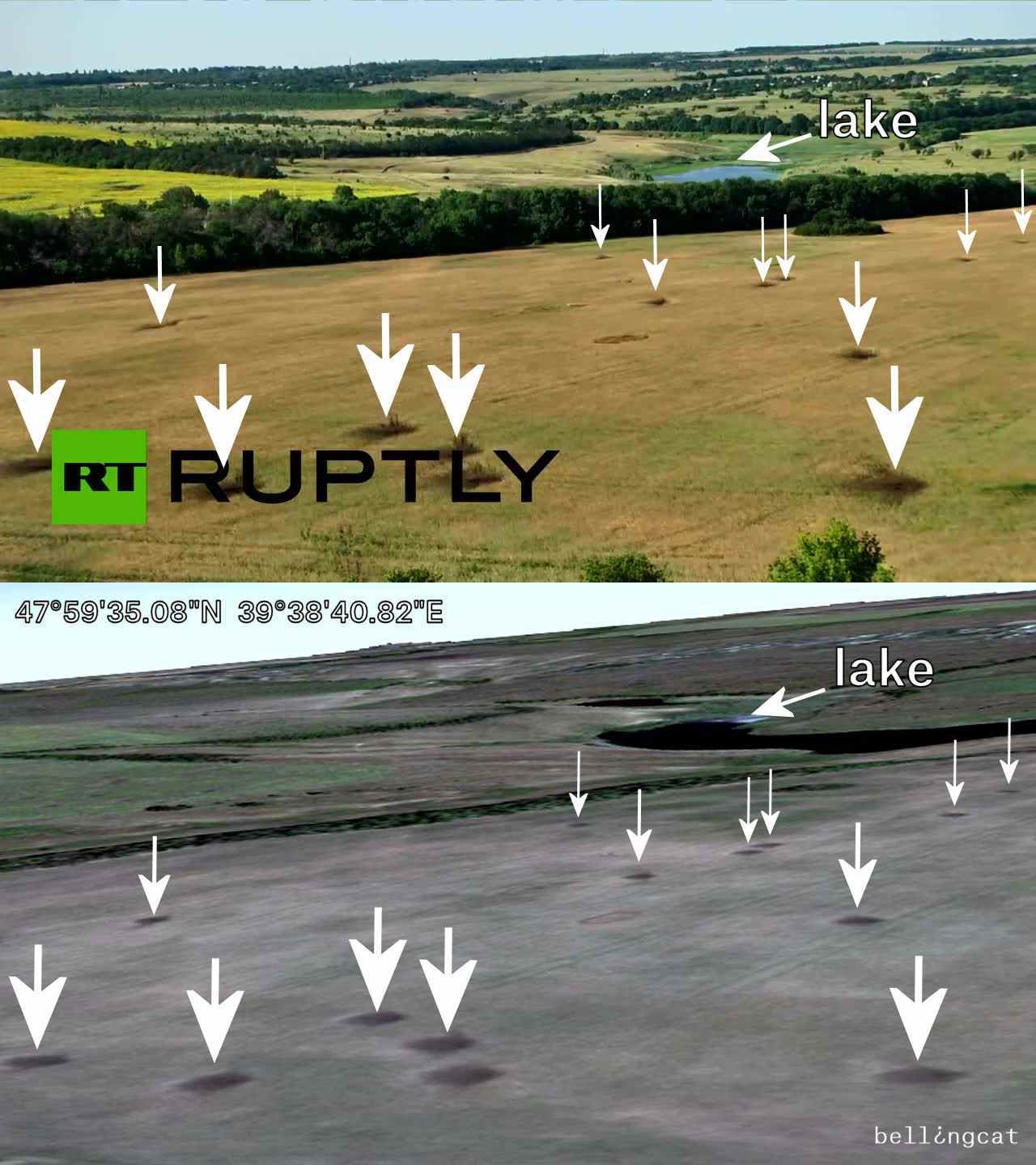 Comparison shot from a Ruptly video and the 15 August 2014 satellite imagery from Google Earth of a Russian artillery strike against Ukraine
