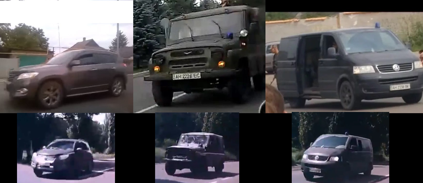 Сравнение машин с видео 15 июля (вверху) и 17 июля в Макеевке на востоке Украины (внизу).
