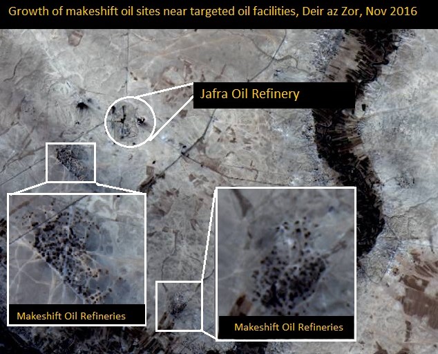 Overview Omar oil field with makeshift refineries. Image from Landsat 8, NASA, Nov 6, 2016