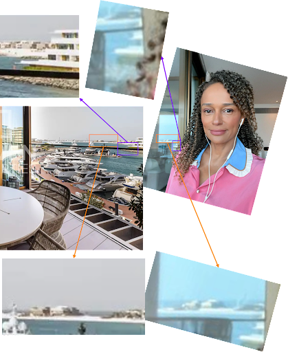 Composite image illustrating how the reflection seen behind dos Santos in her selfie matches a view from a property in the Bulgari residences.