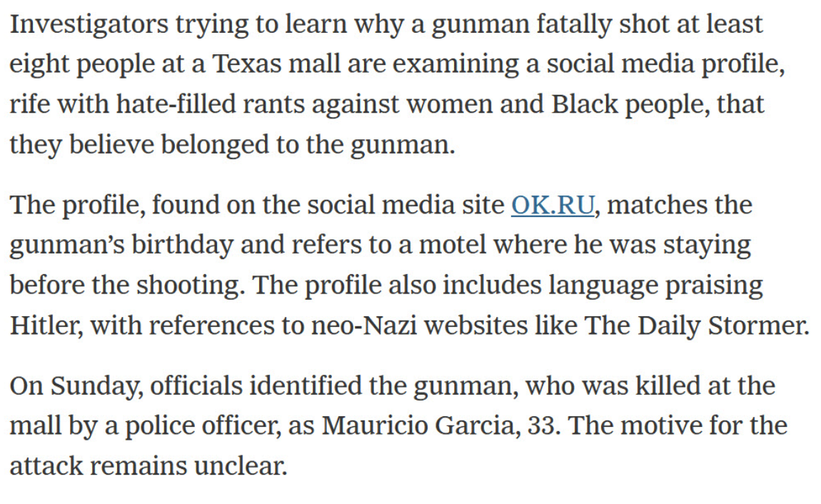 Text from a New York Times article on May 8 details the Texas shooter's apparent OK account.
