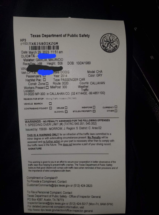 A speeding ticket detailing Mauricio Garcia's name uploaded to Odnoklassniki on April 5.
